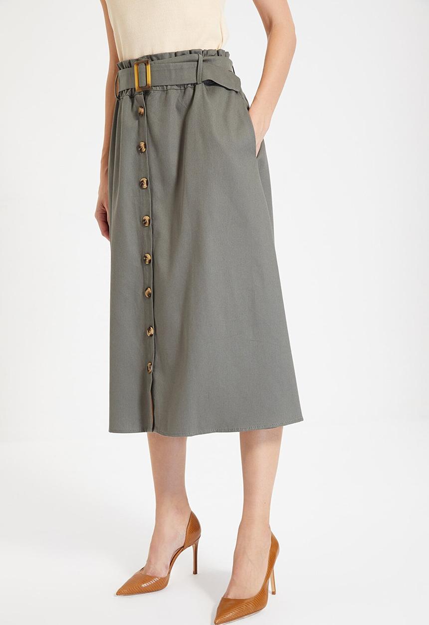 Trendyol - Belted midi skirt - khaki