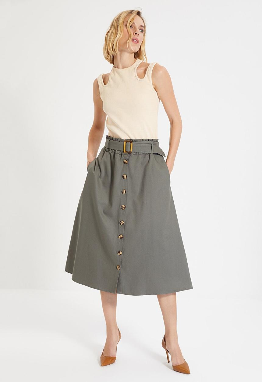 Trendyol - Belted midi skirt - khaki