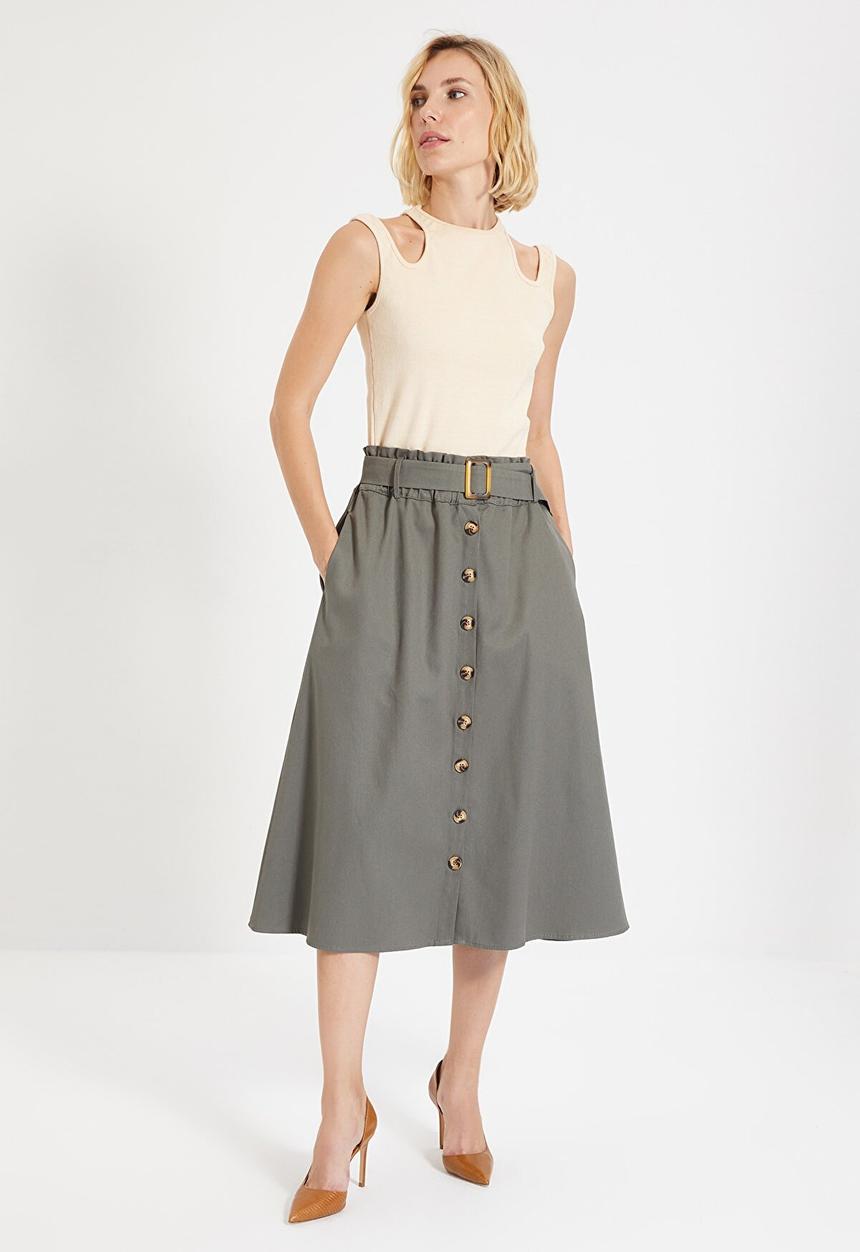Trendyol - Belted midi skirt - khaki