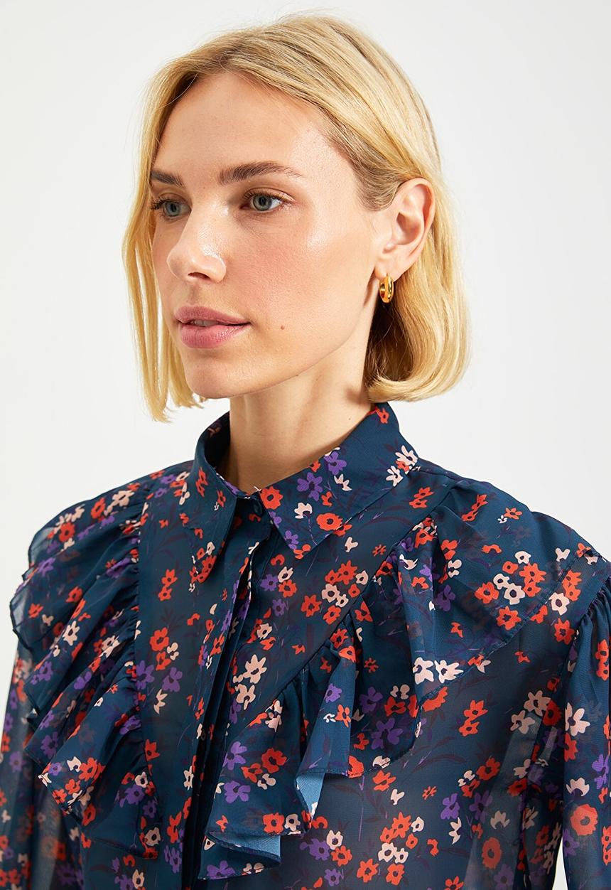 Trendyol - Ruffle wide cut crepe shirt - navy