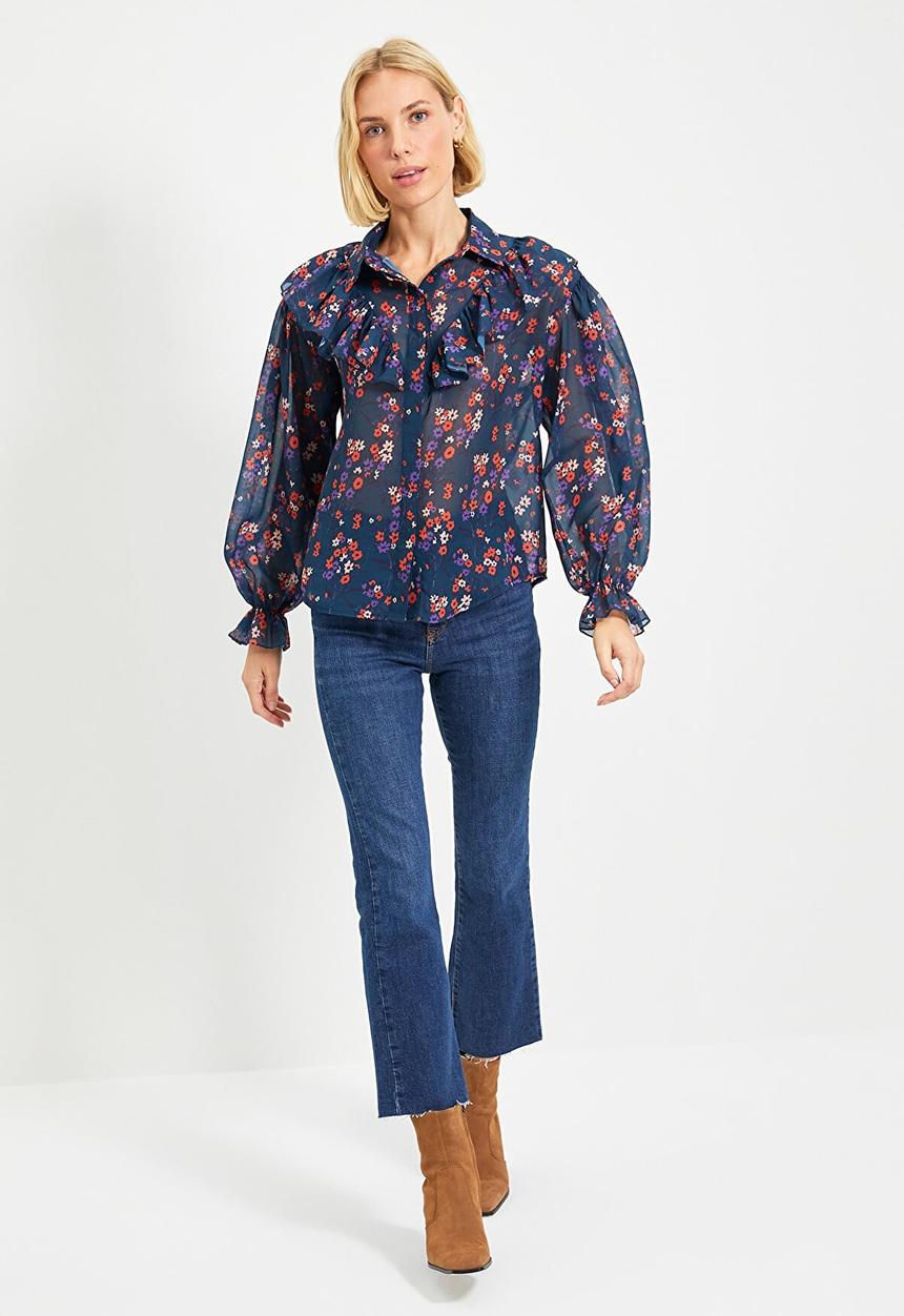 Trendyol - Ruffle wide cut crepe shirt - navy