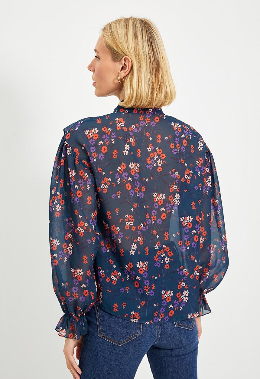 Trendyol - Ruffle wide cut crepe shirt - navy