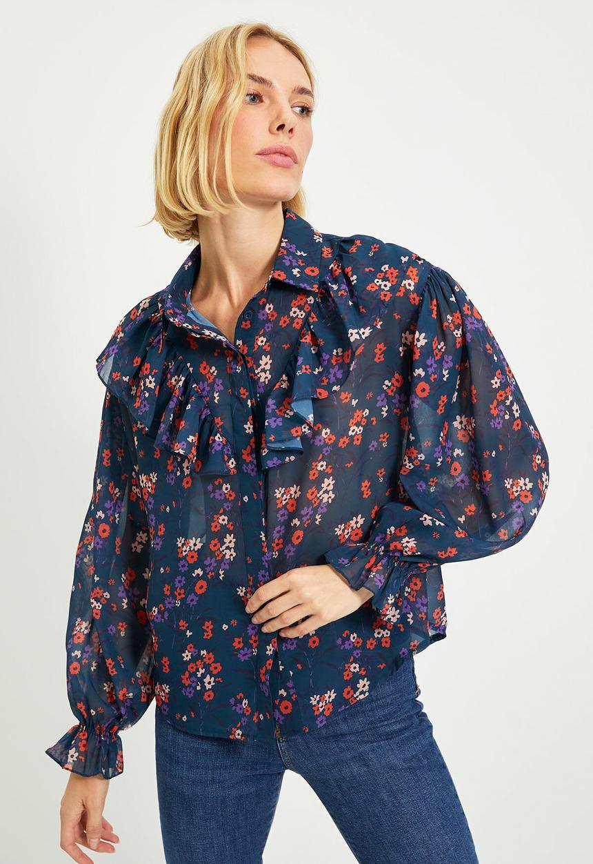 Trendyol - Ruffle wide cut crepe shirt - navy