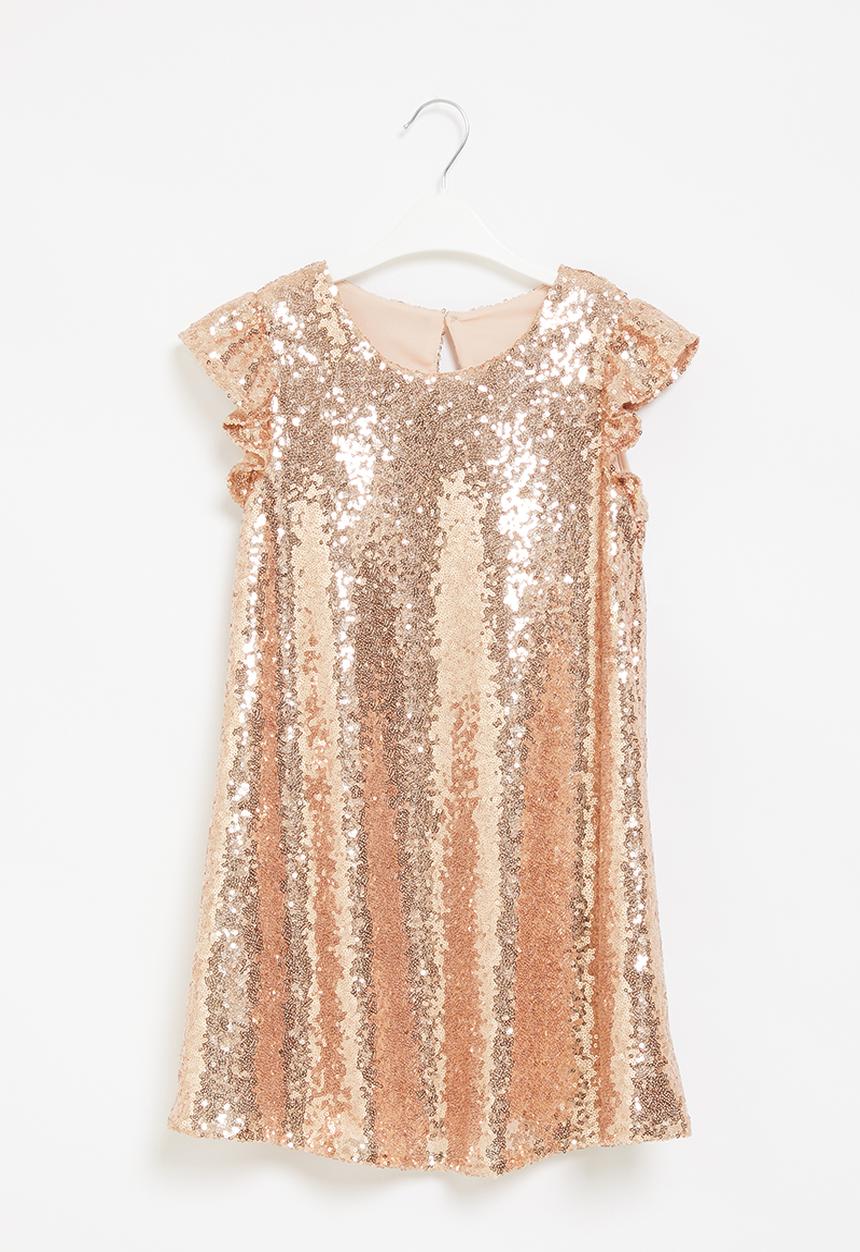 Pop Candy - Younger girls sequin flutter sleeve dress - rose gold