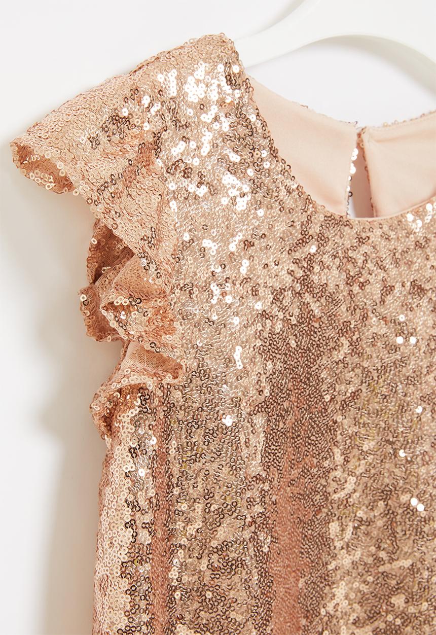 Pop Candy - Younger girls sequin flutter sleeve dress - rose gold