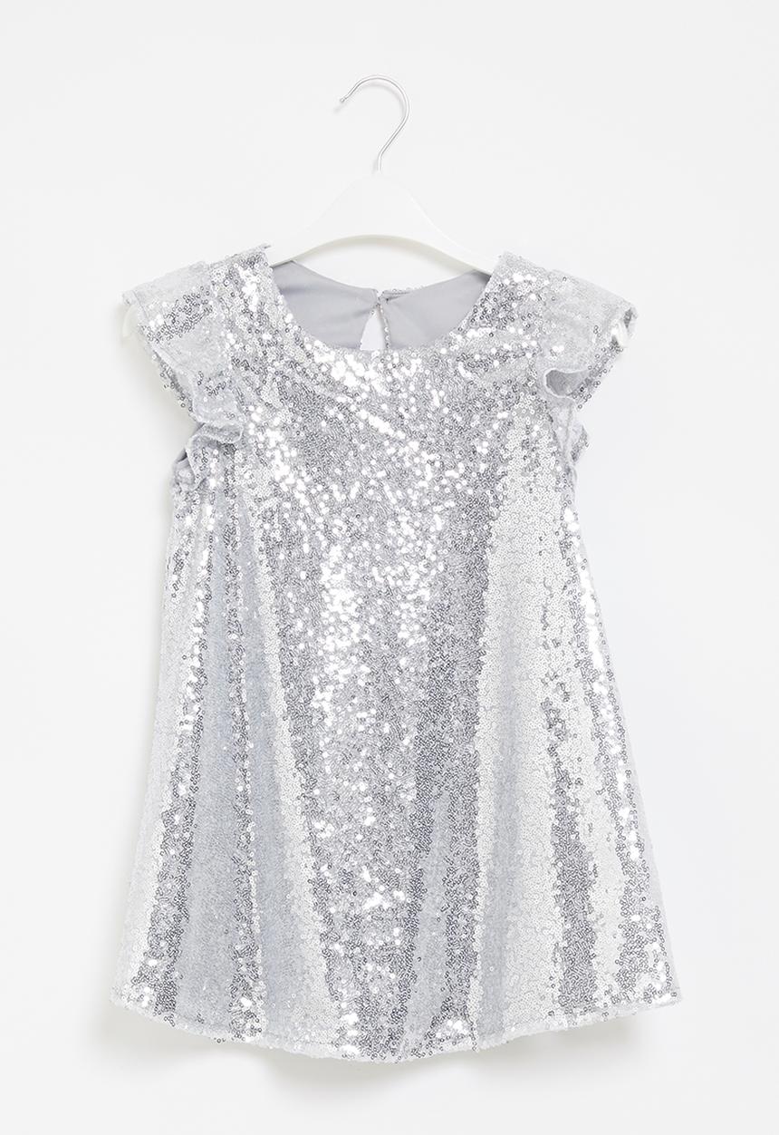 Pop Candy - Younger girls sequin flutter sleeve dress - silver