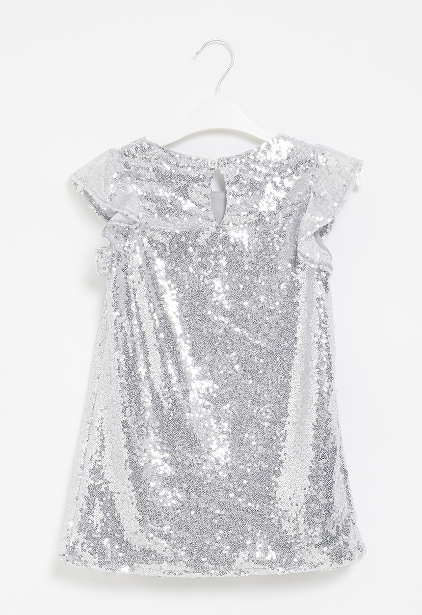 Pop Candy - Younger girls sequin flutter sleeve dress - silver