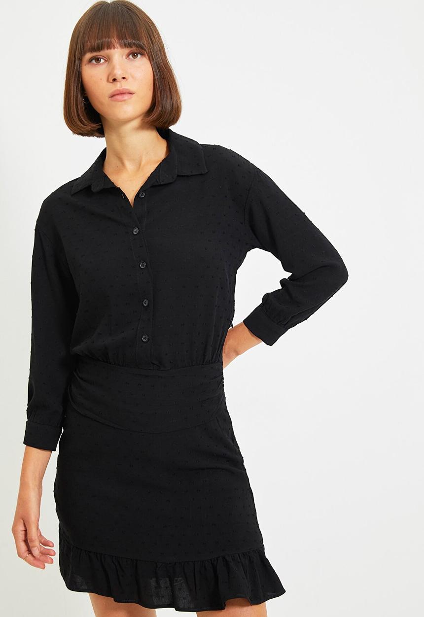Trendyol - Buttoned ruffle fabric textured dress - black