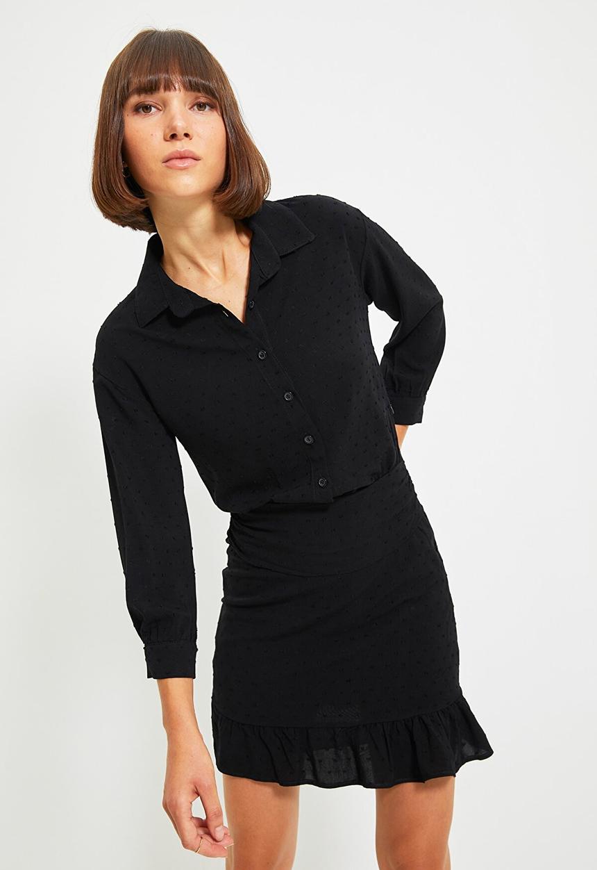 Trendyol - Buttoned ruffle fabric textured dress - black