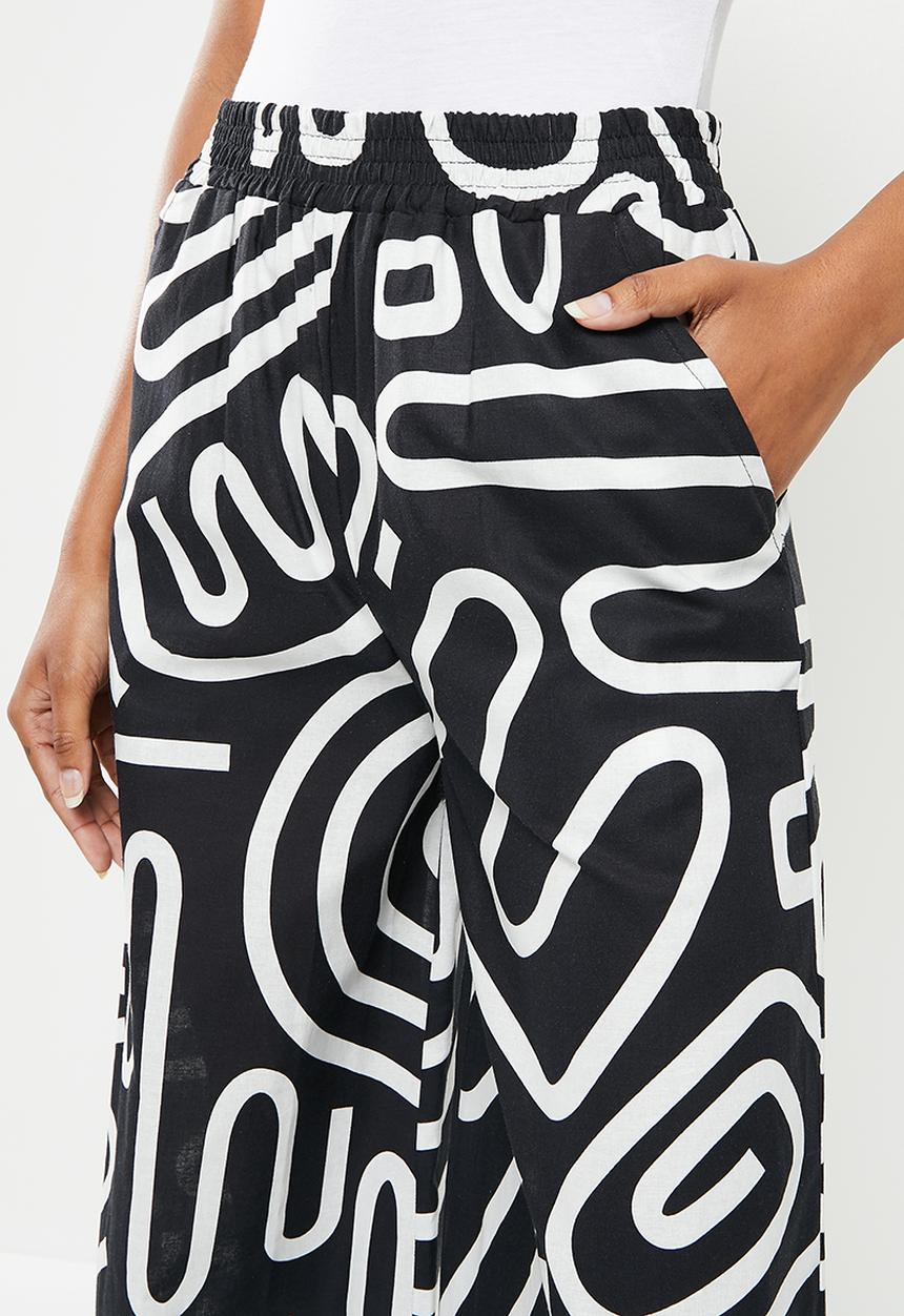 Me&B - Elasticated super wideleg pull on pant - black squiggle