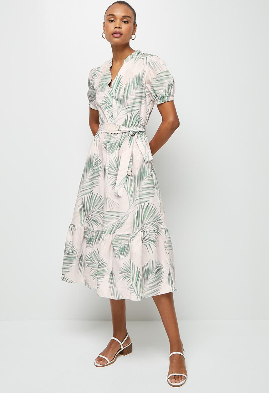 edit - Mandarin collar cotton tiered midi - soft fine palm leaf