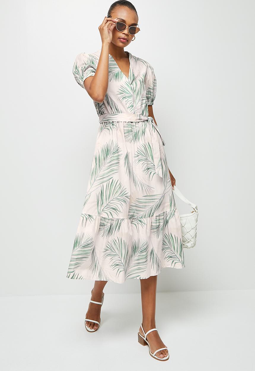 edit - Mandarin collar cotton tiered midi - soft fine palm leaf