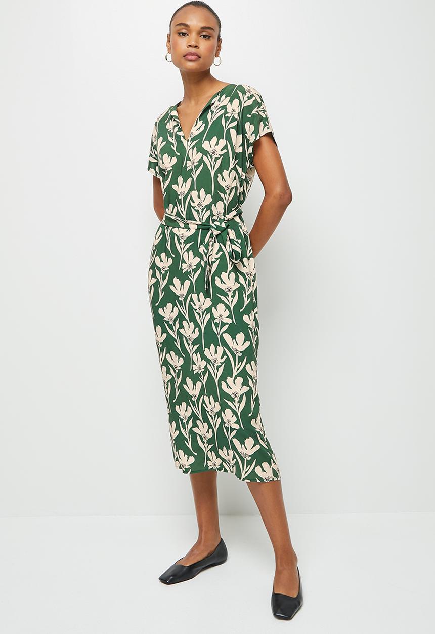 edit - Notch neck belted tunic dress - green & cream floral
