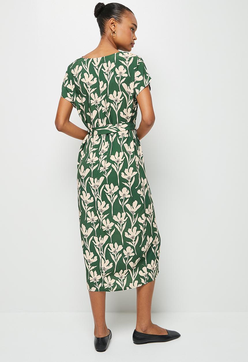 edit - Notch neck belted tunic dress - green & cream floral