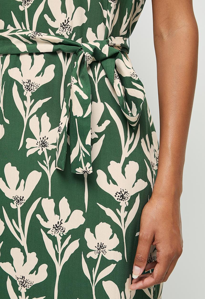 edit - Notch neck belted tunic dress - green & cream floral