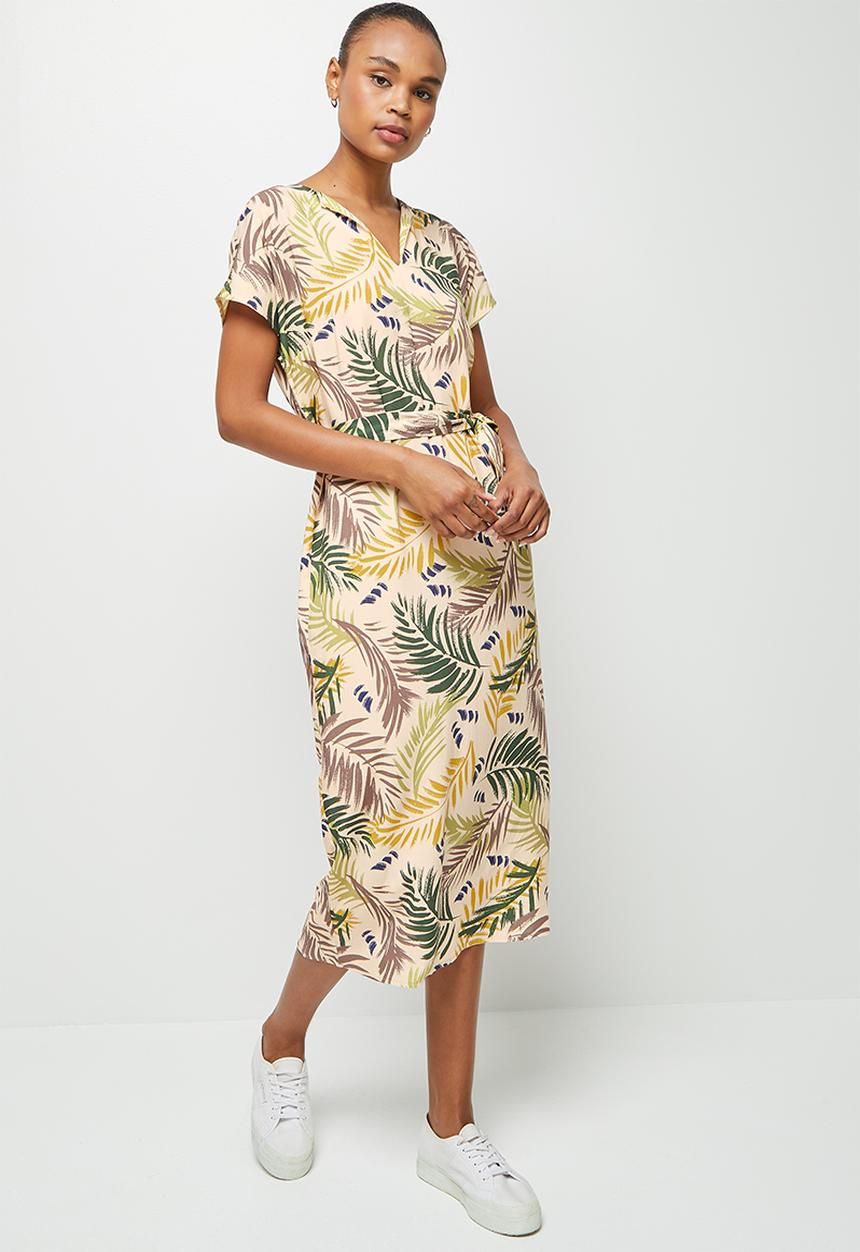 edit - Notch neck belted tunic dress - green painted palm leaves