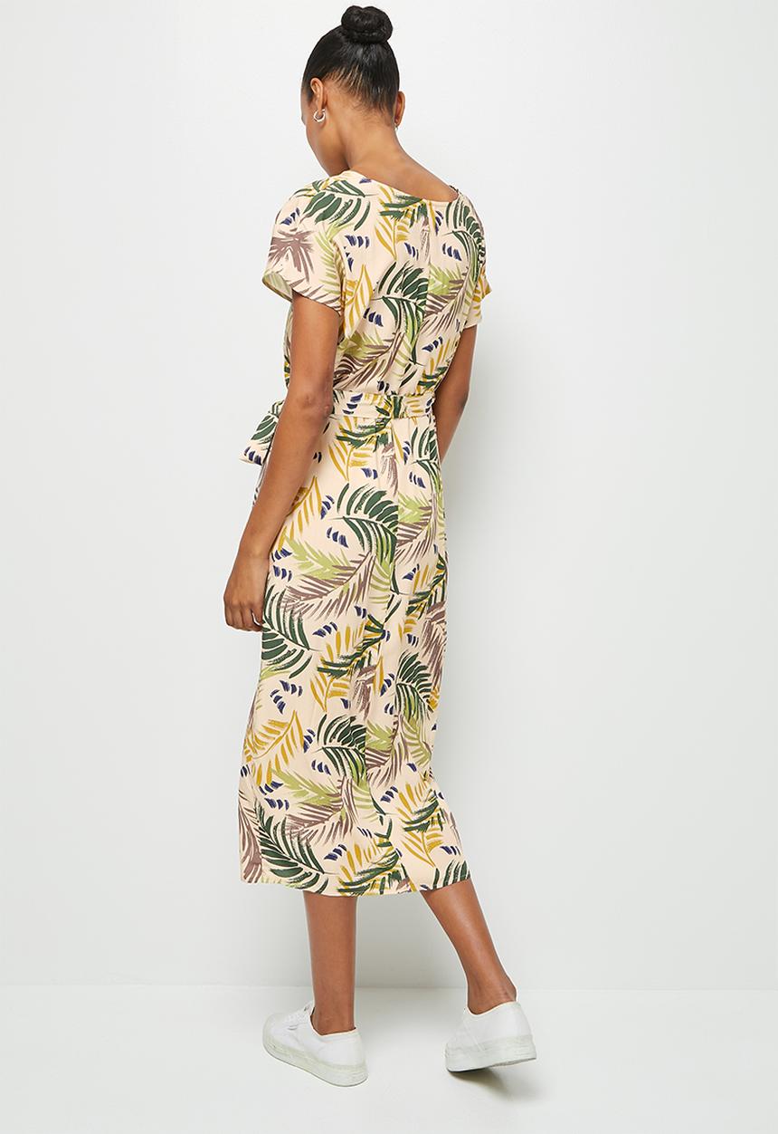 edit - Notch neck belted tunic dress - green painted palm leaves
