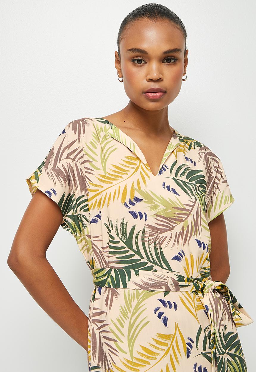edit - Notch neck belted tunic dress - green painted palm leaves