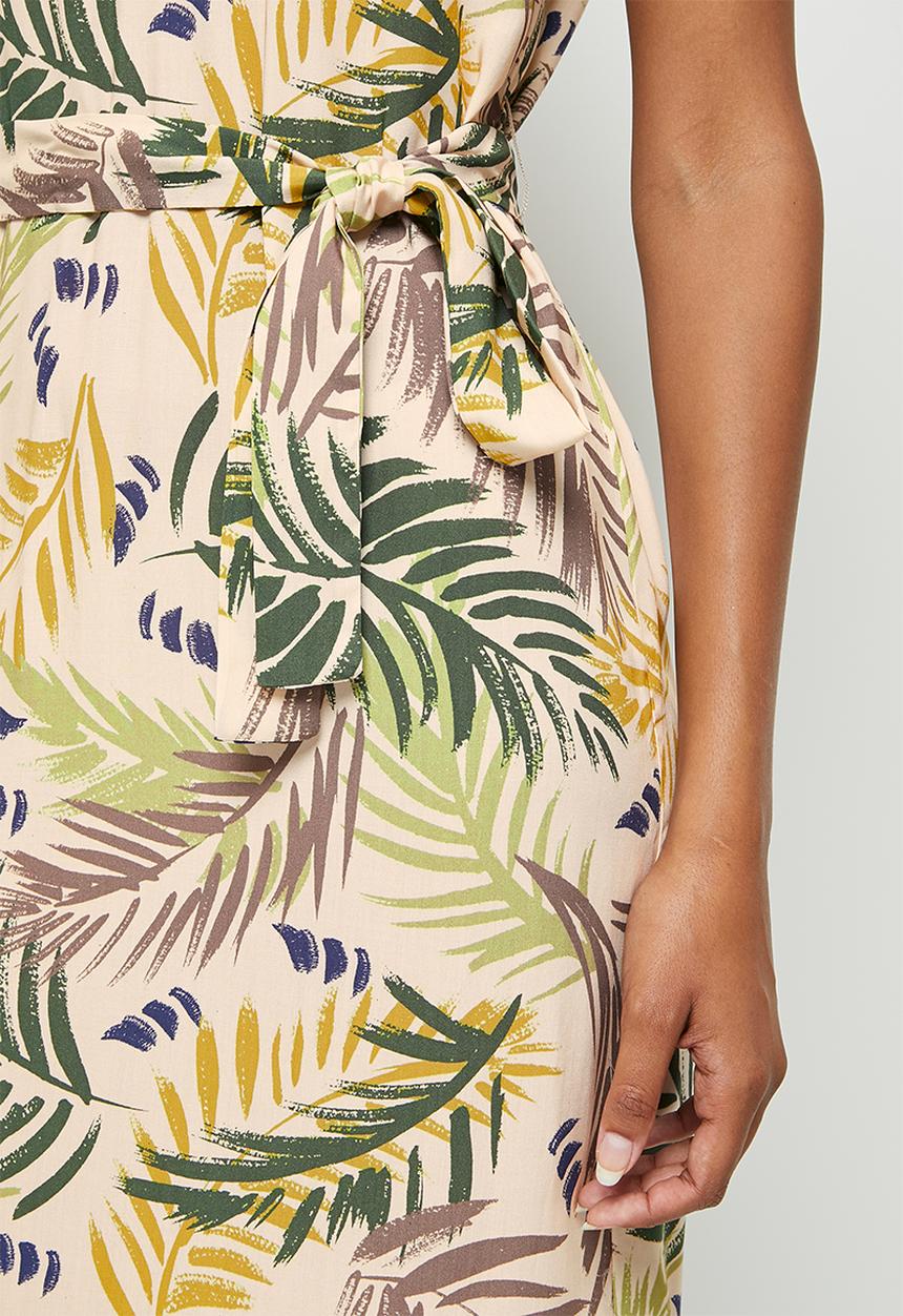 edit - Notch neck belted tunic dress - green painted palm leaves