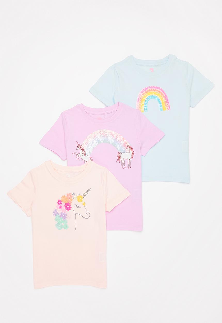 Cotton On - Girls multipack stevie short sleeve tee 3 pack - unicorns & rainbows bundle