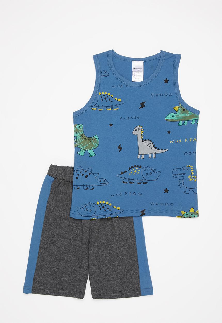 Pop Candy - Boys dino vest & shorts set - blue& charcoal