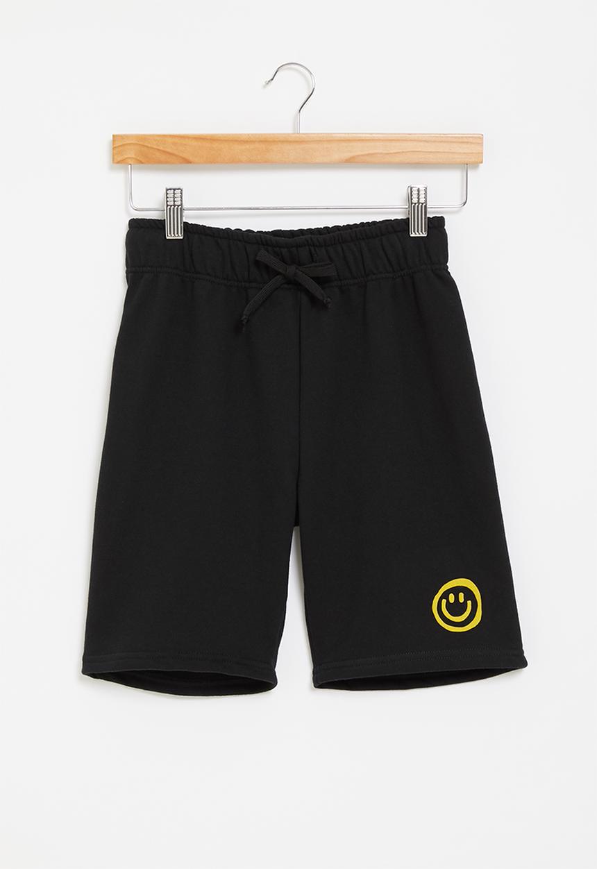 Superbalist Kids - Boys smiley embroidered fleece shorts - black