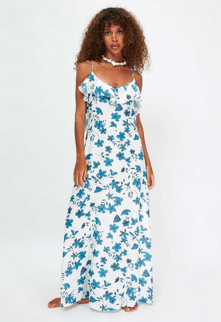 Trendyol - Floral patterned ruffle beach dress - blue & white 
