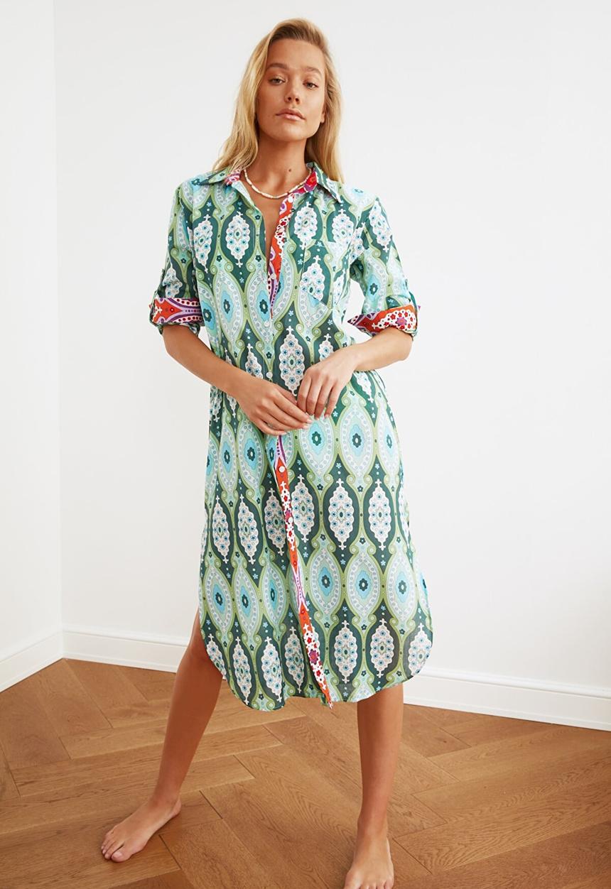 Trendyol - Ethnic printed long voile kaftan - green
