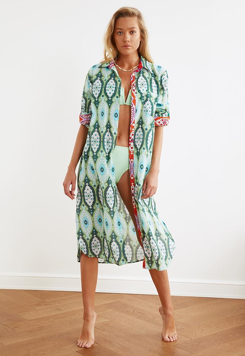 Trendyol - Ethnic printed long voile kaftan - green