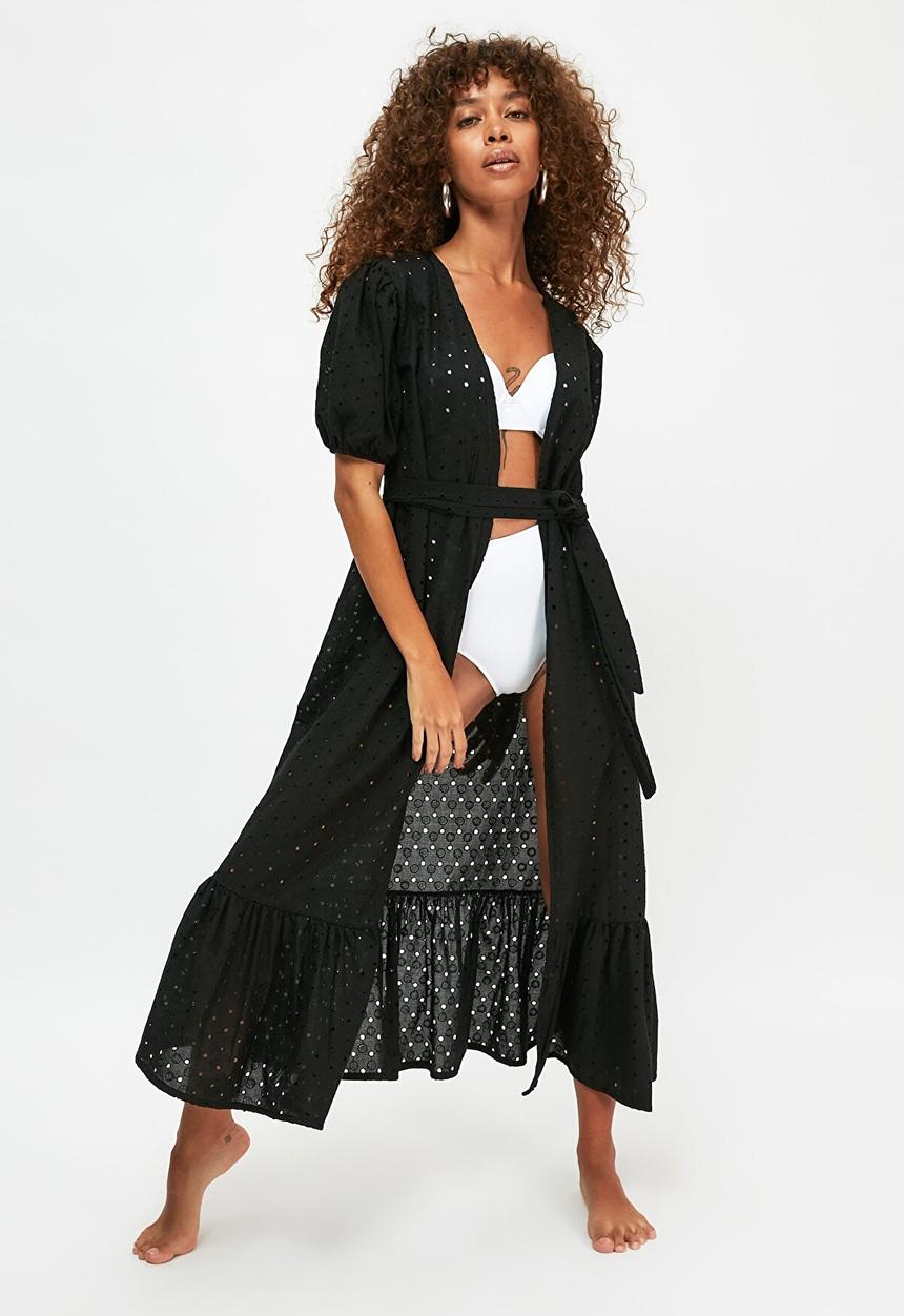 Trendyol - Ruffled scalloped embroidered kaftan - black