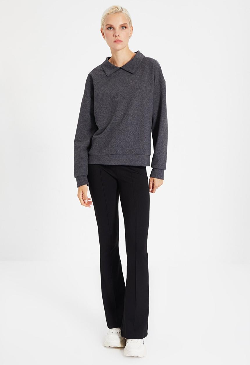 Trendyol - Shirt collar basic knit sweatshirt - anthracite