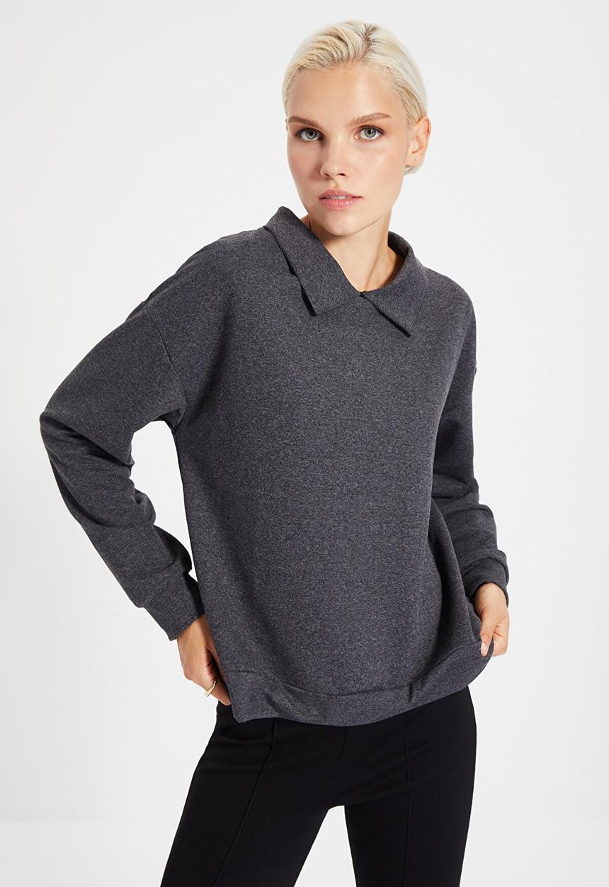 Trendyol - Shirt collar basic knit sweatshirt - anthracite