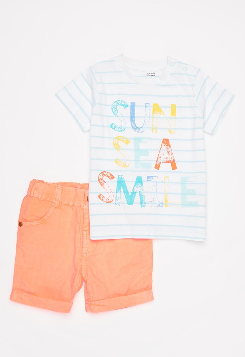 MINOTI - Girls stripe tee & shorts set - white & orange