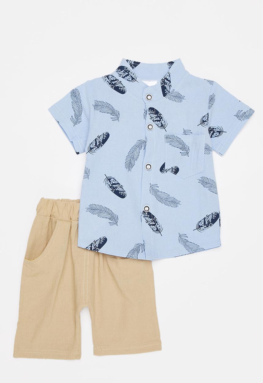 Pop Candy - Baby boys printed short sleeve shirt & shorts set - blue & neutral