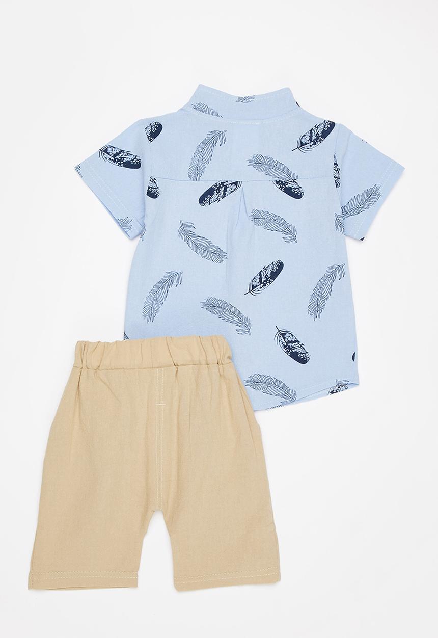 Pop Candy - Baby boys printed short sleeve shirt & shorts set - blue & neutral