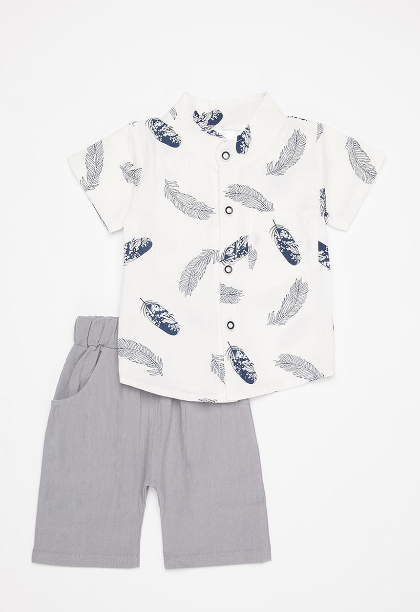 Pop Candy - Baby boys printed ss shirt & shorts set - white & grey
