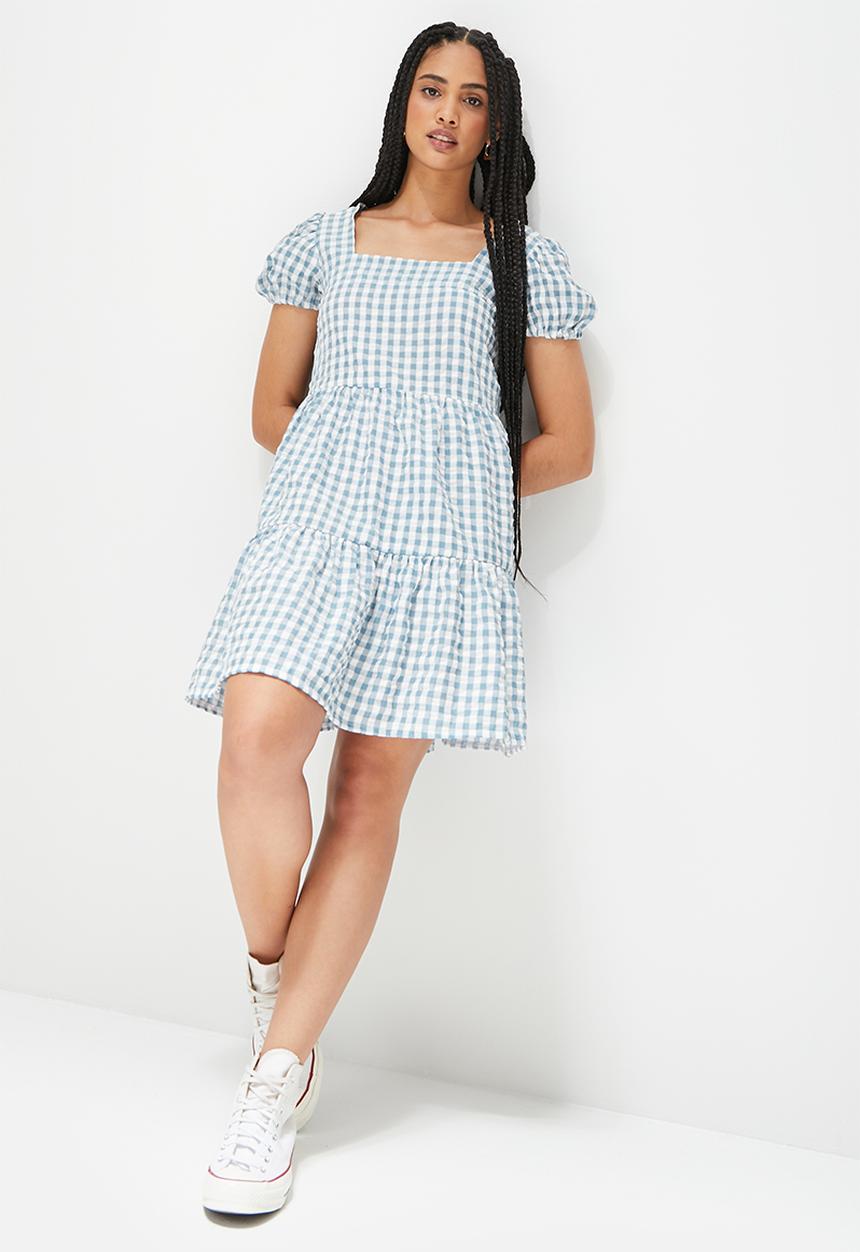 Blake - Square neck tiered mini dress - duck egg