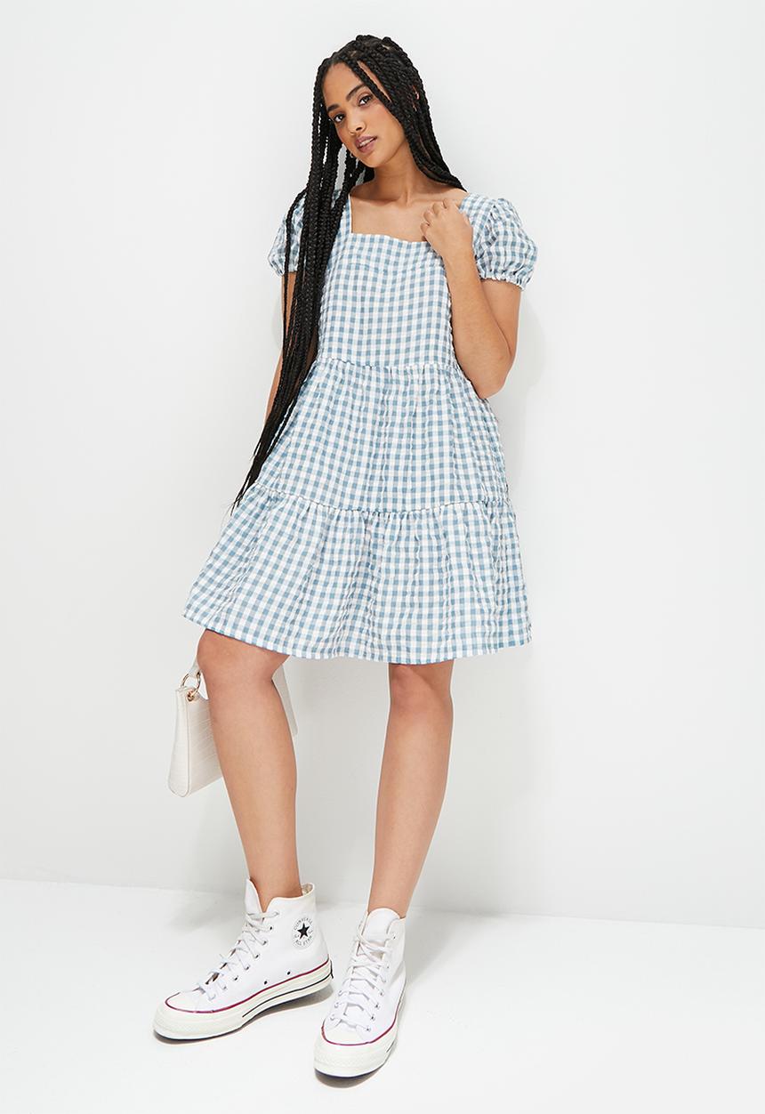Blake - Square neck tiered mini dress - duck egg
