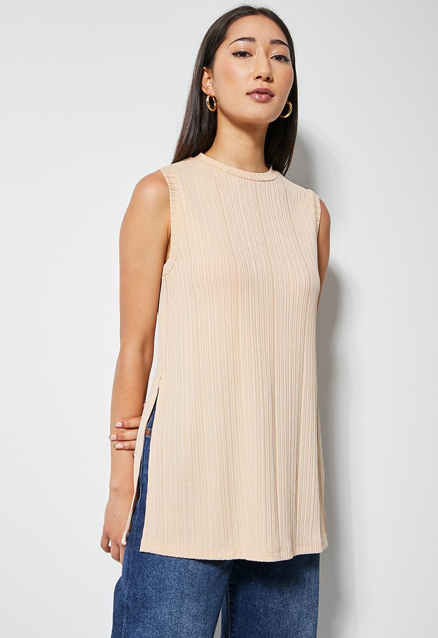VELVET - Dressy rib knit shell with side slits - beige
