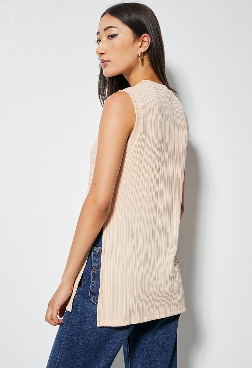 VELVET - Dressy rib knit shell with side slits - beige