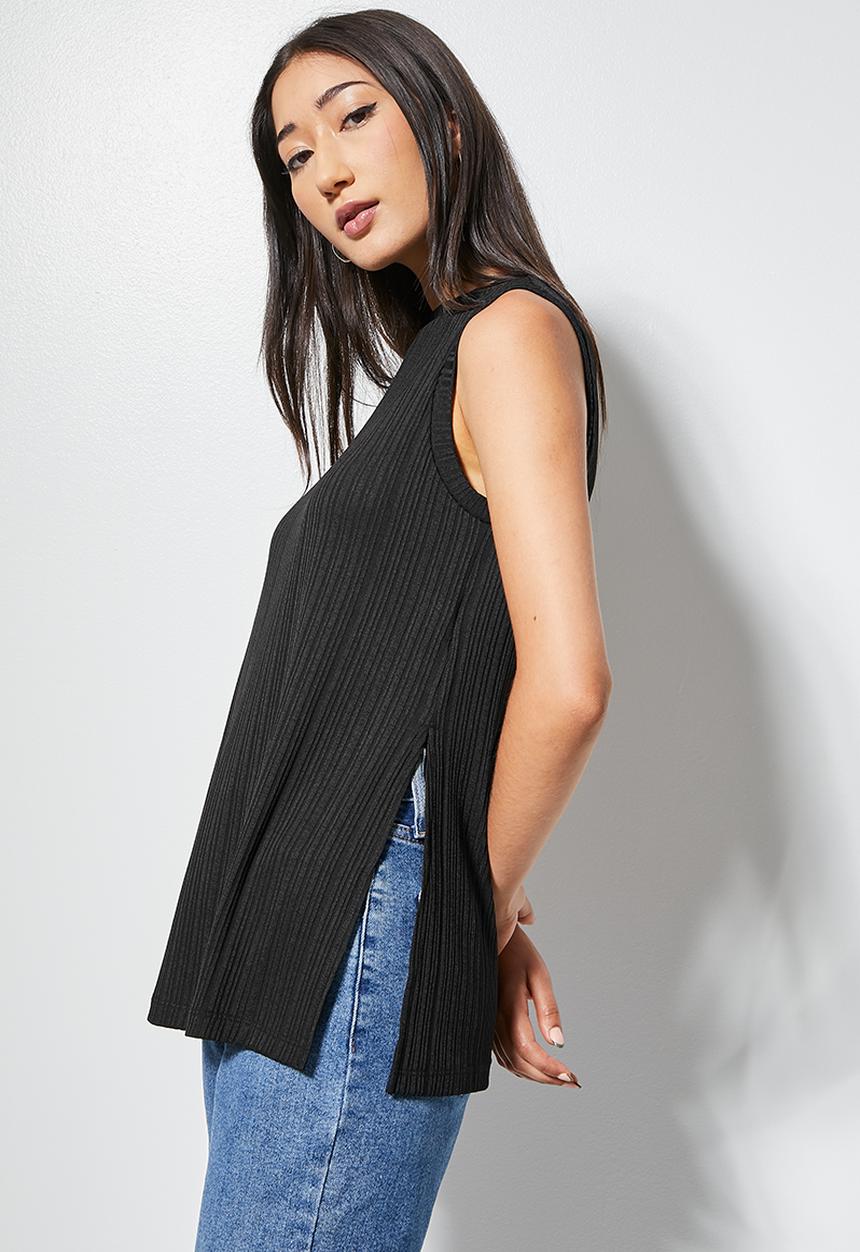 VELVET - Dressy rib knit shell with side slits - black