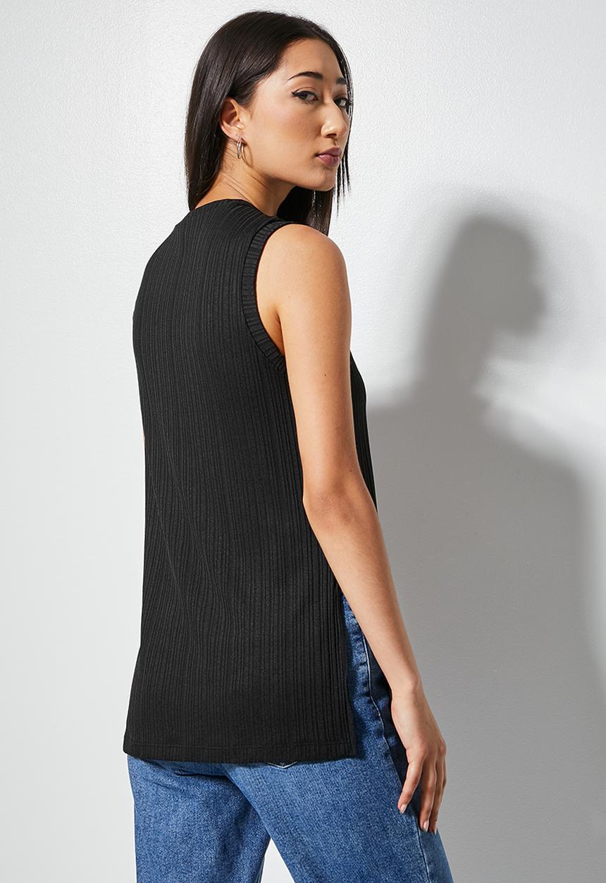 VELVET - Dressy rib knit shell with side slits - black