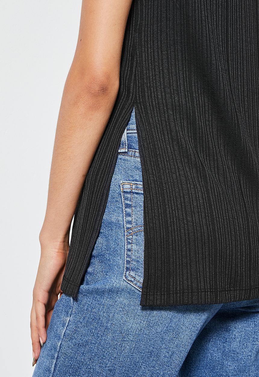 VELVET - Dressy rib knit shell with side slits - black