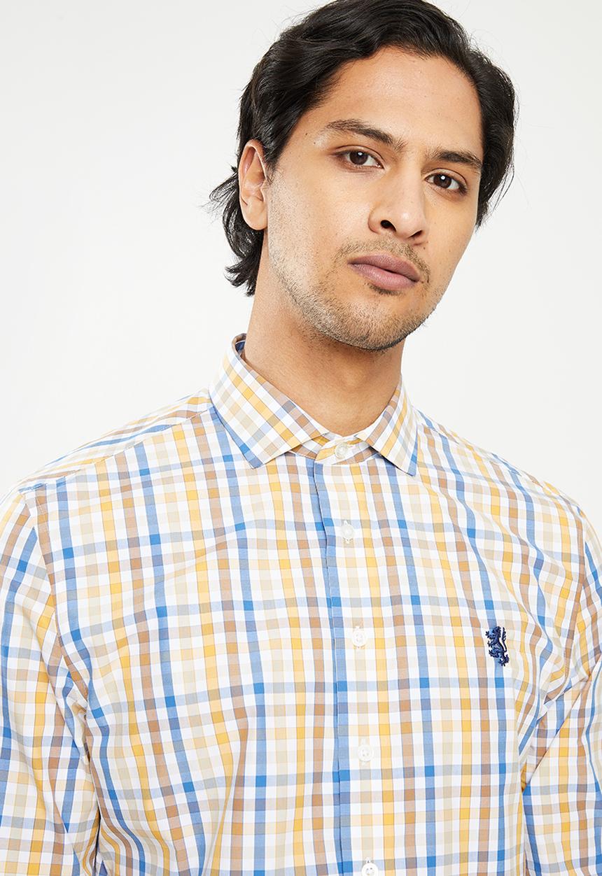 Pringle of Scotland - Long sleeve tailored - tan & blue 