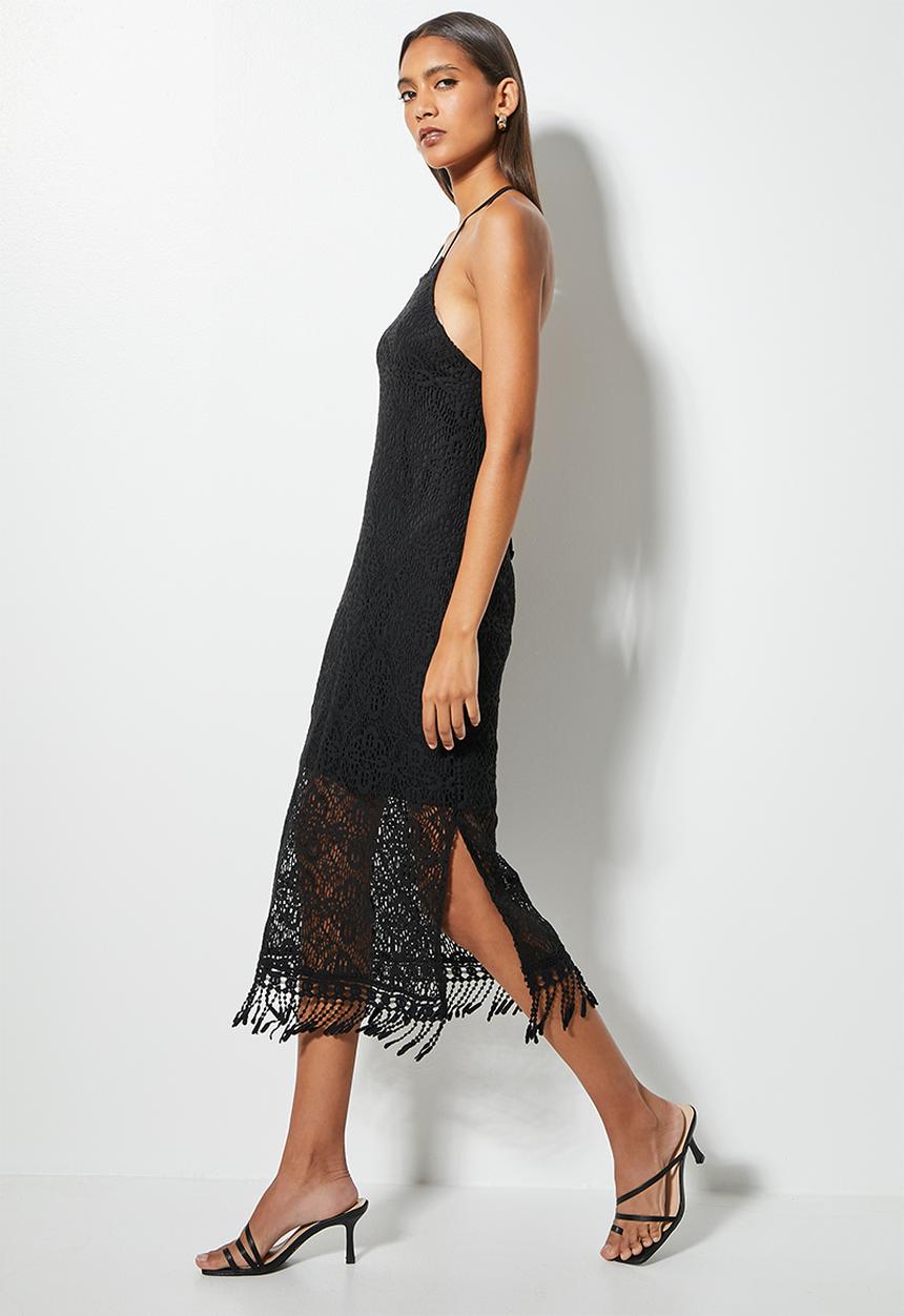 VELVET - Crochet lace halter midi dress - black