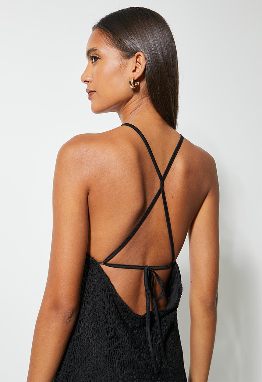 VELVET - Crochet lace halter midi dress - black
