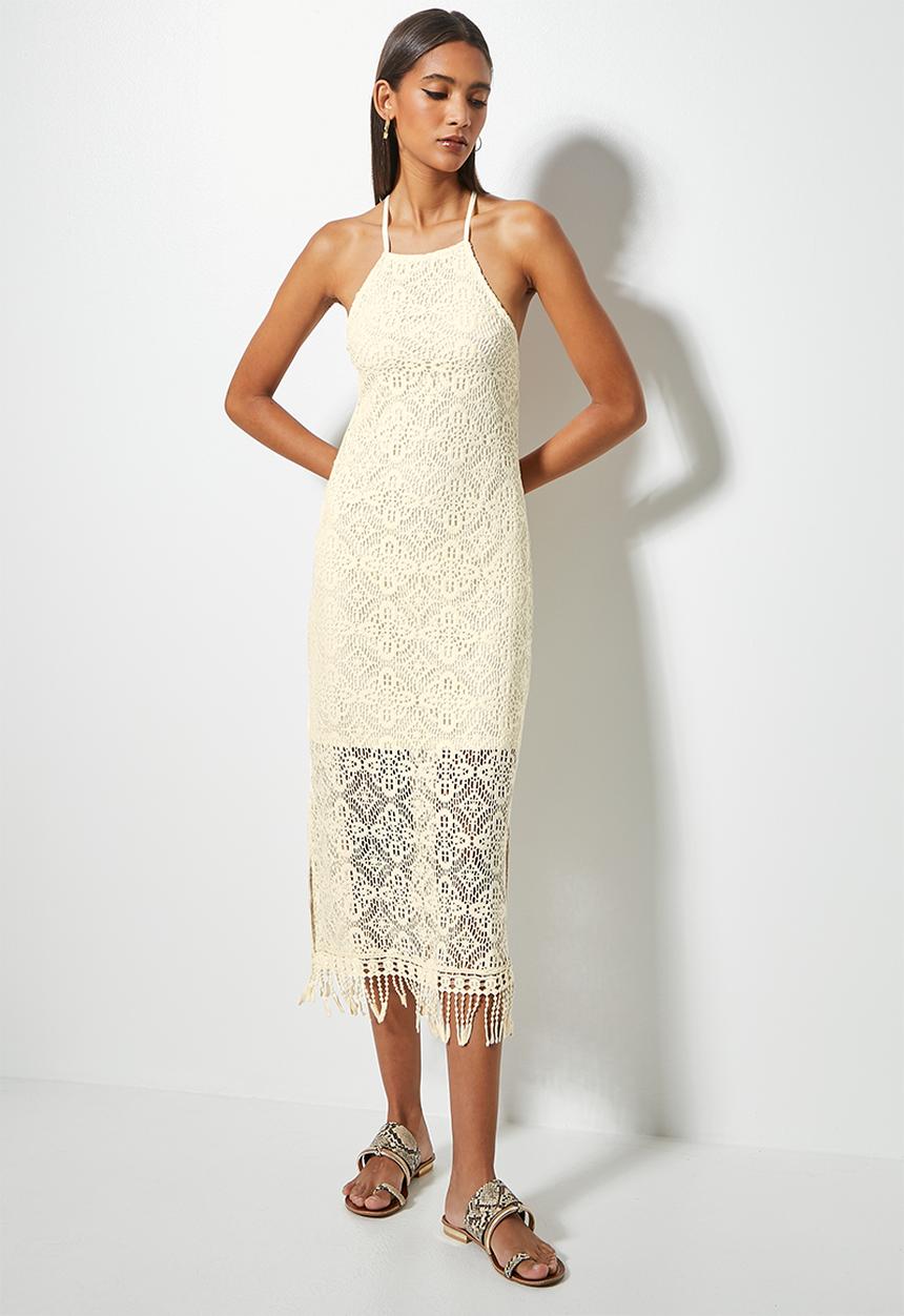 VELVET - Crochet lace halter midi dress - neutral