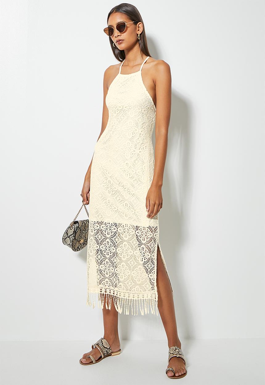 VELVET - Crochet lace halter midi dress - neutral