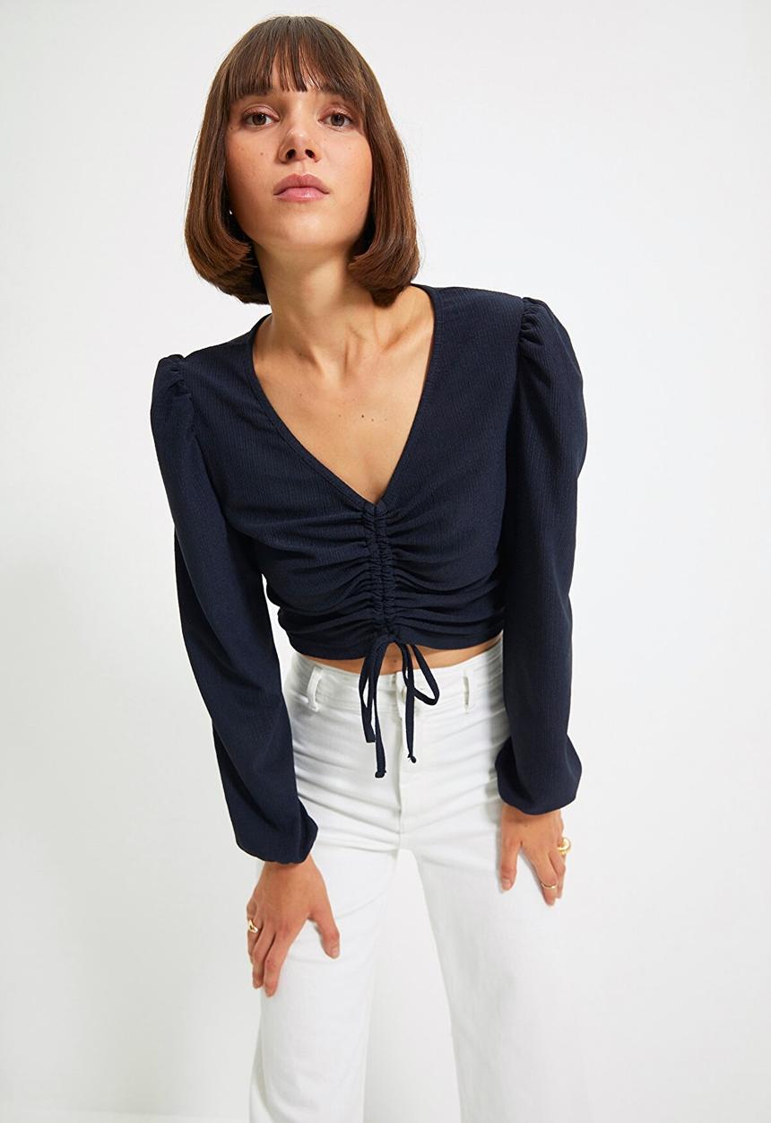 Trendyol - Watermelon sleeve crepe top - navy