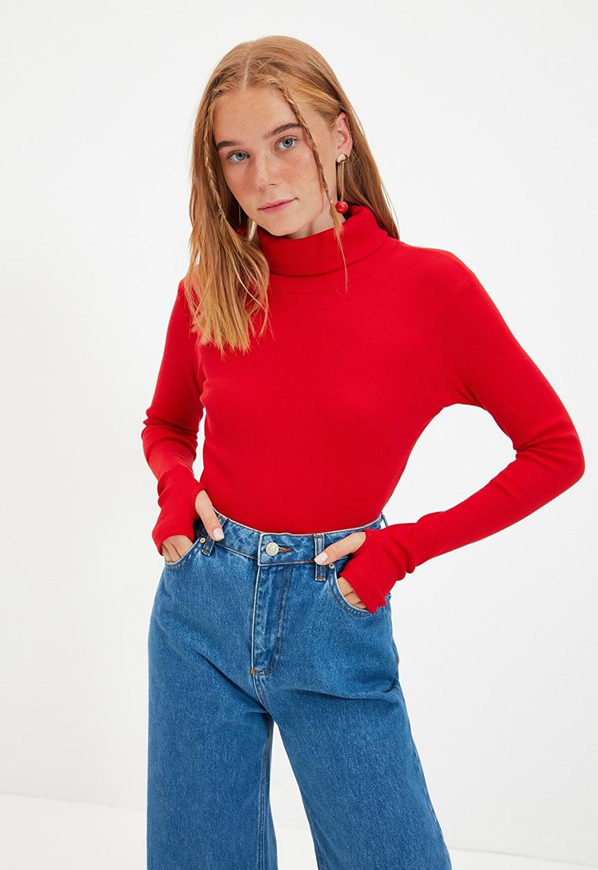 Trendyol - Turtleneck finger detail ribbed knit top - red